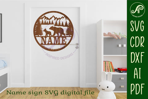 Bear name sign svg laser cut template forest theme SVG APInspireddesigns 