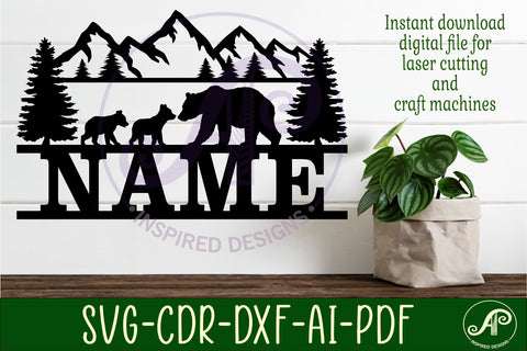 Bear name sign svg laser cut template forest theme SVG APInspireddesigns 
