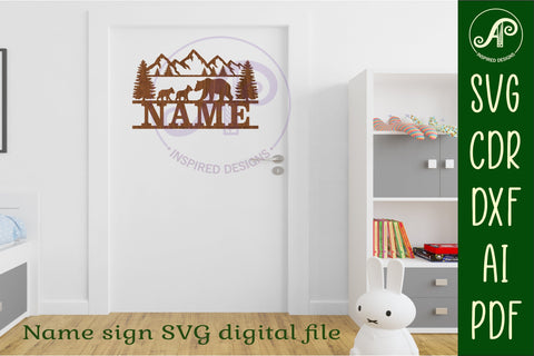 Bear name sign svg laser cut template forest theme SVG APInspireddesigns 