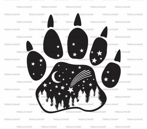 Bear paw print with a starry nigh, shooting star, moon and forest landscape SVG TribaliumArtSF 