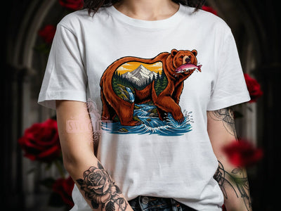 Bear Salmon Catch T-Shirt PNG, Brown Bear, Salmon Catch, Wildlife Shirt, Sublimation PNG, Nature Scene, Outdoor Adventure Sublimation SvggirlplusArt 