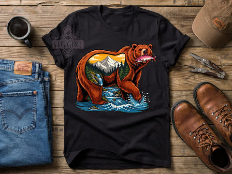 Bear Salmon Catch T-Shirt PNG, Brown Bear, Salmon Catch, Wildlife Shirt, Sublimation PNG, Nature Scene, Outdoor Adventure Sublimation SvggirlplusArt 