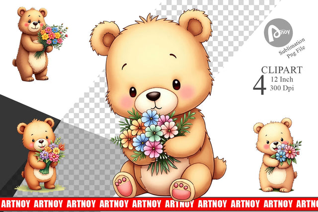Bear Spring Bouquet Clipart Sublimation artnoy 
