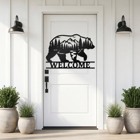 Bear Welcome Sign Laser SVG | Rustic Cabin Decor | Plasma CNC Metal Wall Art | Laser Cut Bear Forest Mountain DXF Eps Png | Instant Download SVG HappyDesignStudio 