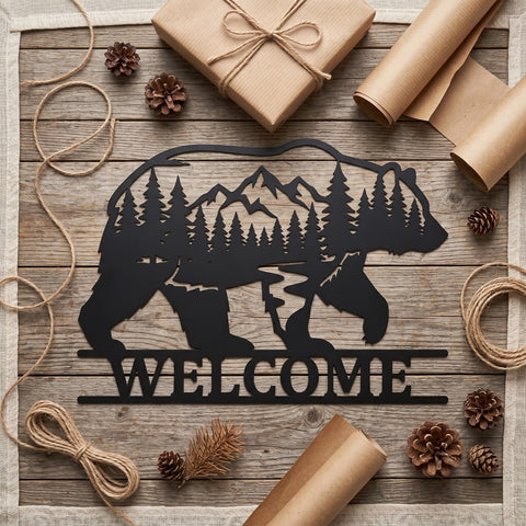 Bear Welcome Sign Laser SVG | Rustic Cabin Decor | Plasma CNC Metal Wall Art | Laser Cut Bear Forest Mountain DXF Eps Png | Instant Download SVG HappyDesignStudio 