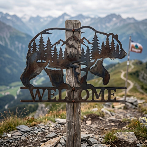 Bear Welcome Sign Laser SVG | Rustic Cabin Decor | Plasma CNC Metal Wall Art | Laser Cut Bear Forest Mountain DXF Eps Png | Instant Download SVG HappyDesignStudio 