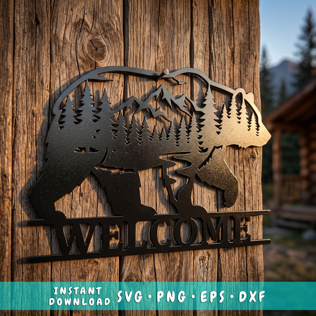 Bear Welcome Sign Laser SVG | Rustic Cabin Decor | Plasma CNC Metal Wall Art | Laser Cut Bear Forest Mountain DXF Eps Png | Instant Download SVG HappyDesignStudio 