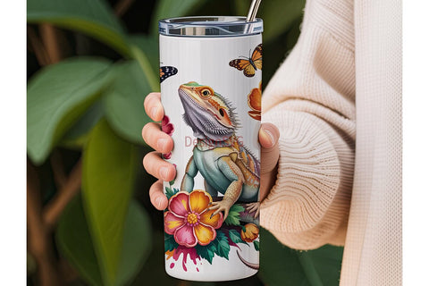 Bearded Dragon & Flowers 20oz Tumbler Sublimation DesignSVG 