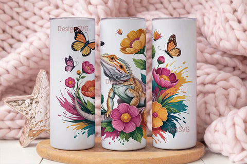 Bearded Dragon & Flowers 20oz Tumbler Sublimation DesignSVG 