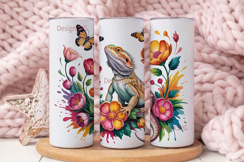 Bearded Dragon & Flowers 20oz Tumbler Sublimation DesignSVG 