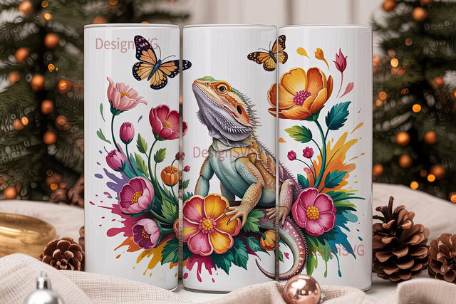 Bearded Dragon & Flowers 20oz Tumbler Sublimation DesignSVG 