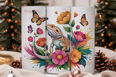 Bearded Dragon & Flowers 20oz Tumbler Sublimation DesignSVG 