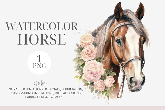 Beautiful Brown & White Watercolor Floral Horse PNG Sublimation BijouBay 