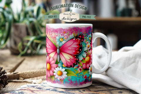 Beautiful Butterfly Bright Pink Mug Design - Printable 11 oz. and 15 oz. Sublimation Mug Wrap Sublimation Ewe-N-Me Designs 