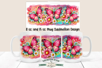 Beautiful Butterfly Bright Pink Mug Design - Printable 11 oz. and 15 oz. Sublimation Mug Wrap Sublimation Ewe-N-Me Designs 