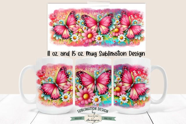 Beautiful Butterfly Bright Pink Mug Design - Printable 11 oz. and 15 oz. Sublimation Mug Wrap Sublimation Ewe-N-Me Designs 