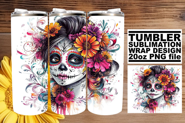 Beautiful Calavera Wrap – 20oz Watercolor Tumbler Art Sublimation afrosvg 