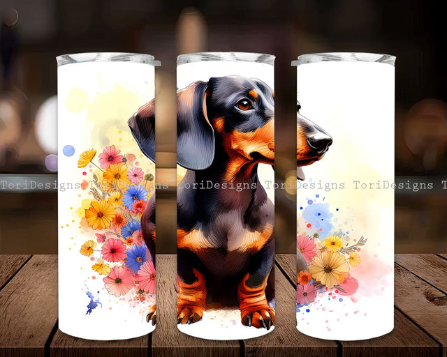 Beautiful Colorful Dachshund with Flowers Design, Dachshund Sublimation, Dachshund Skinny 20oz straight and tapered, PNG Sublimation ToriDesigns 