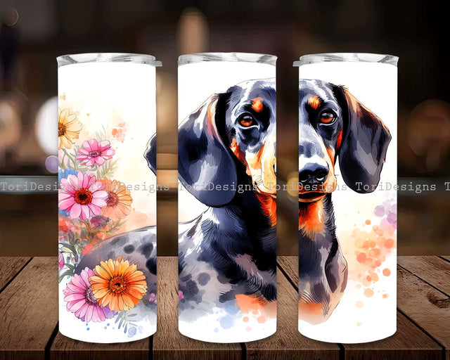 Beautiful Colorful Dachshund with Flowers Design, Dachshund Sublimation, Dachshund Skinny 20oz straight and tapered, PNG Sublimation ToriDesigns 