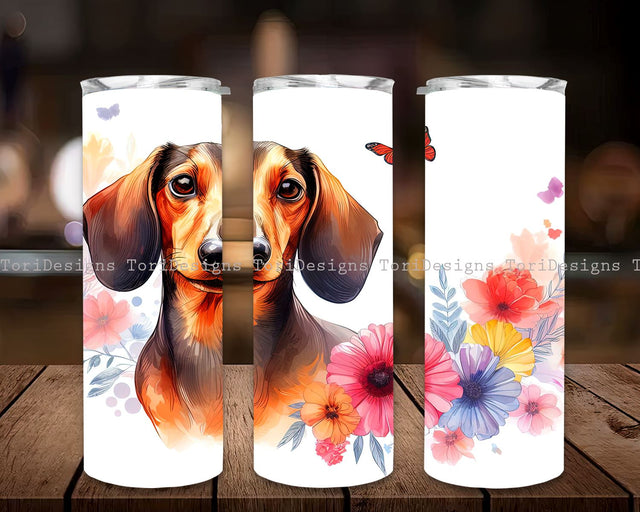 Beautiful Colorful Dachshund with Flowers Design, Dachshund Sublimation, Dachshund Skinny 20oz straight and tapered, PNG Sublimation ToriDesigns 