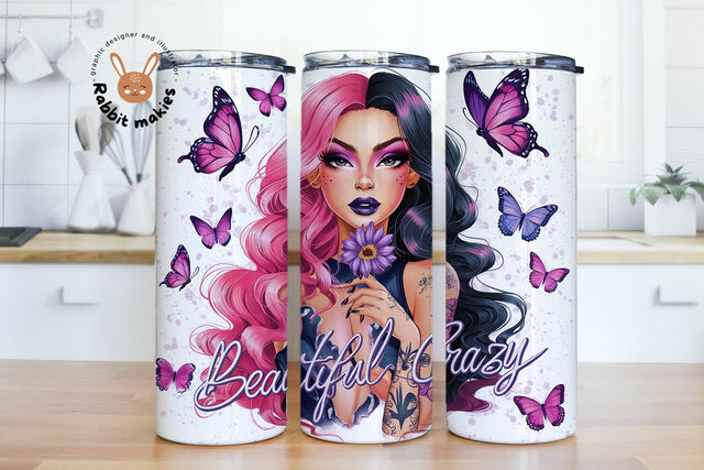 Beautiful Crazy Png Tumbler Wrap, 20oz Skinny Sublimation Tumbler Design, Girl Sublimation Design, Fun Floral Tumbler PNG Downloads Sublimation Rabbitmakies 