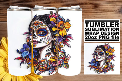 Beautiful Day of the Dead Wrap – 20oz Watercolor Tumbler Sublimation afrosvg 