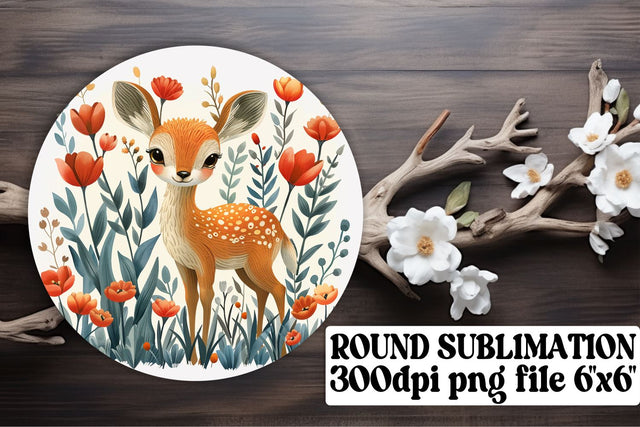 Beautiful Deer & Flower Keychain Round Design Watercolor Sublimation Sublimation afrosvg 