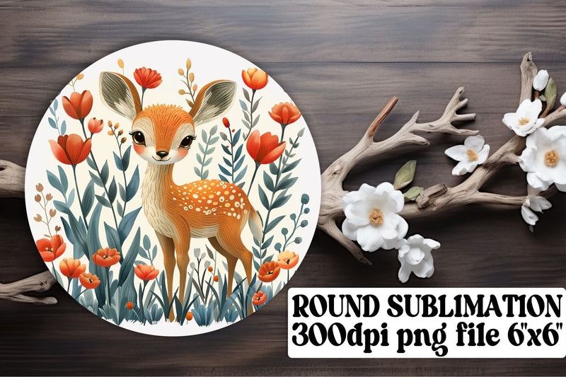 Beautiful Deer & Flower Keychain Round Design Watercolor Sublimation Sublimation afrosvg 