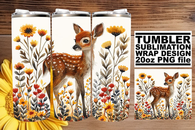 Beautiful Deer & Flower Tumbler Wrap 20oz Watercolor Sublimation Sublimation afrosvg 