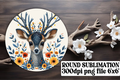 Beautiful Deer with Flowers Keychain Sublimation Round Design Sublimation afrosvg 