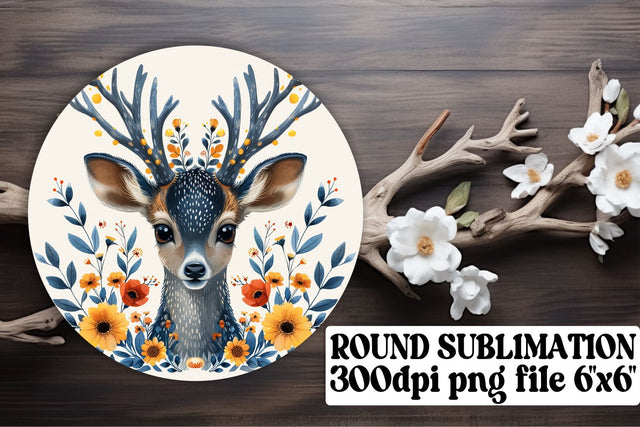 Beautiful Deer with Flowers Keychain Sublimation Round Design Sublimation afrosvg 