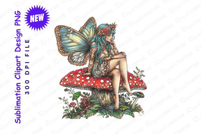 Beautiful Fairy With Butterfly Wings Resting On A Toadstool Mushroom Fantasy Illustration Sublimation Regulrcrative 