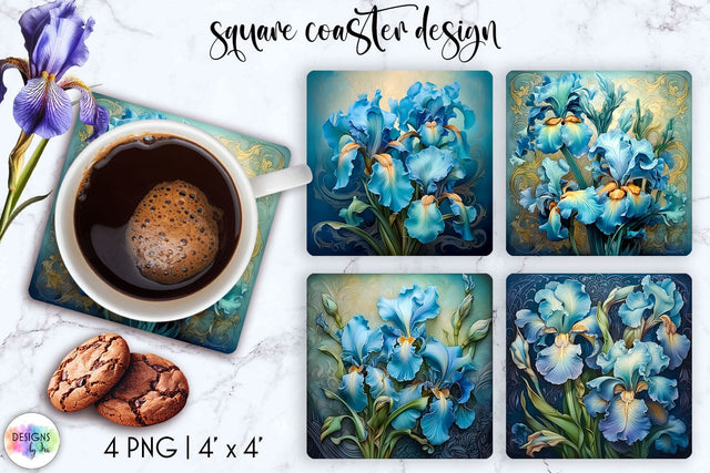 Beautiful Floral Square Coasters Sublimation, Baroque Iris Flowers Illustration Sublimation Designs by Ira 