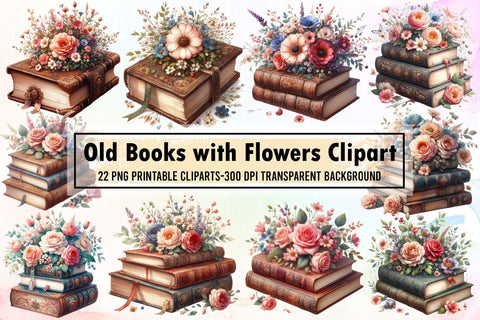 Beautiful Old Books with Flowers Clipart Sublimation designartist 