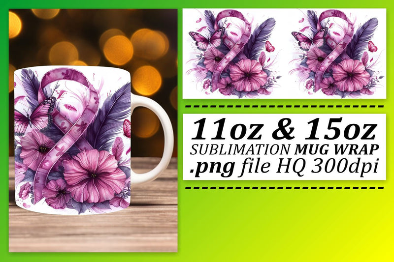 Beautiful Pink Ribbon Wrap – 11oz & 15oz Mug Sublimation Design Sublimation afrosvg 