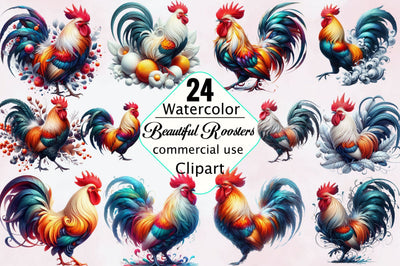 Beautiful Roosters Watercolor Clipart Bundle Sublimation SVGArt 