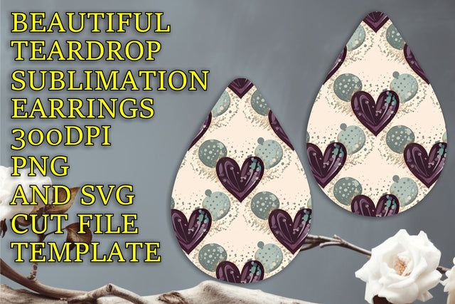 Beautiful sublimation file for teardrop earrings, printable PNG, Heart Sublimation HoodArtCraft 