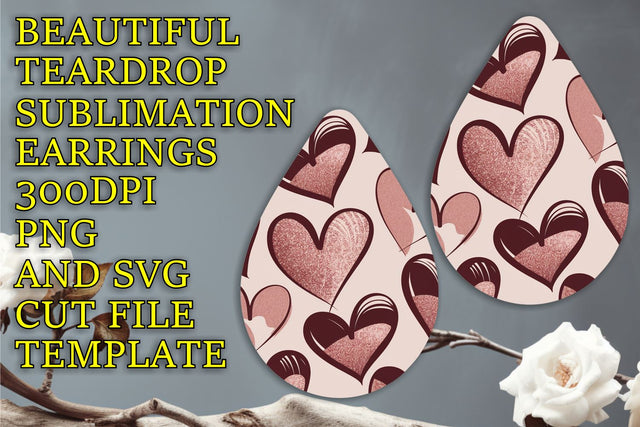 Beautiful sublimation template for teardrop earrings, PNG, Heart Sublimation HoodArtCraft 