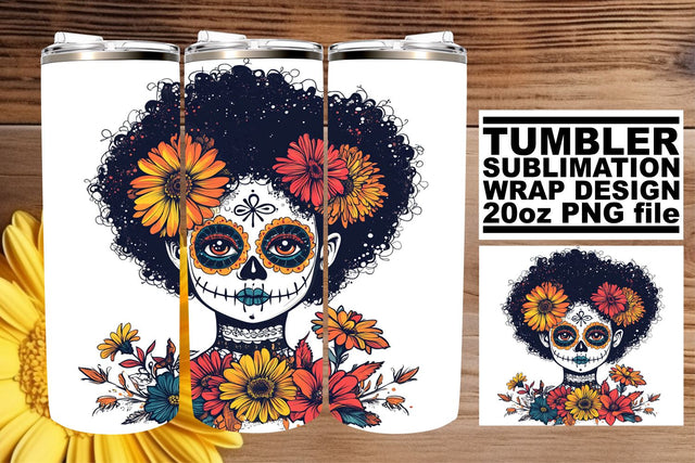 Beautiful Sugar Skull Tumbler Wrap – 20oz Watercolor Sublimation afrosvg 