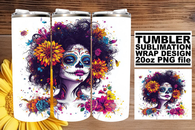 Beautiful Sugar Skull Wrap – 20oz Watercolor Tumbler Sublimation afrosvg 