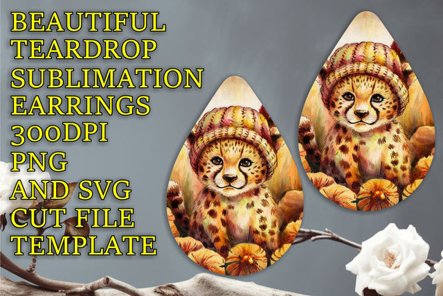 Beautiful teardrop earrings design, customizable PNG file, Animals Sublimation HoodArtCraft 