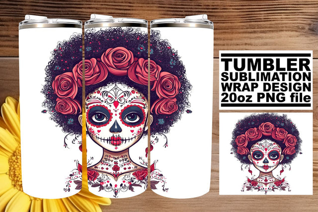 Beautiful Watercolor Sugar Skull – 20oz Halloween Tumbler Sublimation afrosvg 