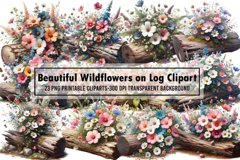 Beautiful Wildflowers on Log Clipart PNG Sublimation designartist 
