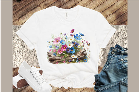 Beautiful Wildflowers on Log Clipart PNG Sublimation designartist 