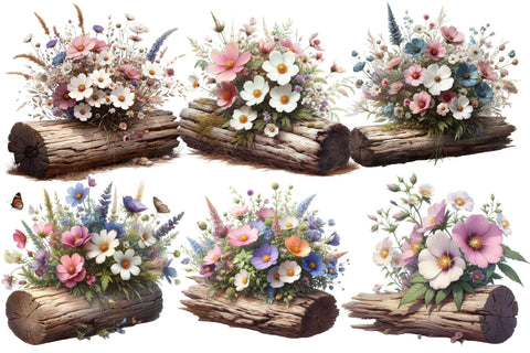 Beautiful Wildflowers on Log Clipart PNG Sublimation designartist 