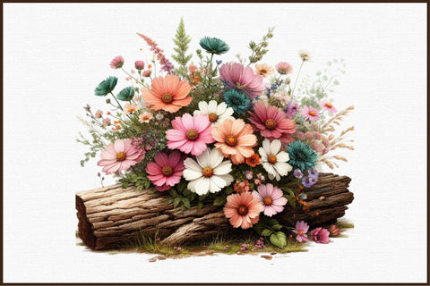 Beautiful Wildflowers on Log Clipart PNG Sublimation designartist 