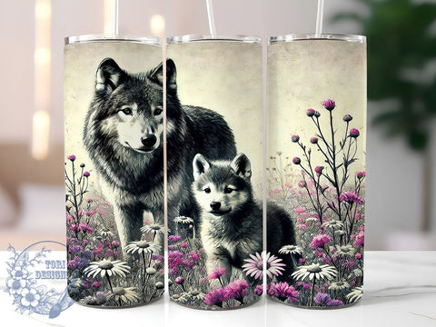 Beautiful Wolf and Pup 20oz Tumbler Wrap, Beautiful Wolf Mug, 20oz Wildlife Drinkware, Animal Lover Gift, Wolf Art Tumbler, Cute Wolf Cup, Nature Lover Drinkware Sublimation ToriDesigns 