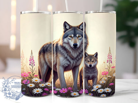 Beautiful Wolf and Pup 20oz Tumbler Wrap, Beautiful Wolf Mug, 20oz Wildlife Drinkware, Animal Lover Gift, Wolf Art Tumbler, Cute Wolf Cup, Nature Lover Drinkware Sublimation ToriDesigns 