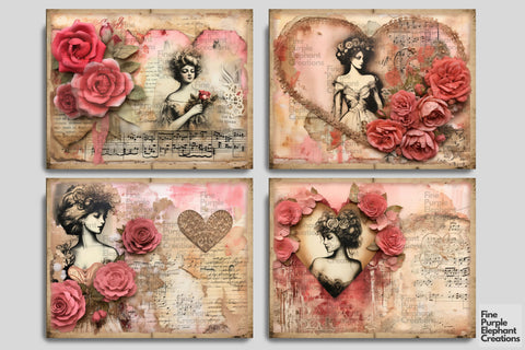 Beautiful Women Digital Junk Journal Double Pages Digital Pattern Fine Purple Elephant Creations 