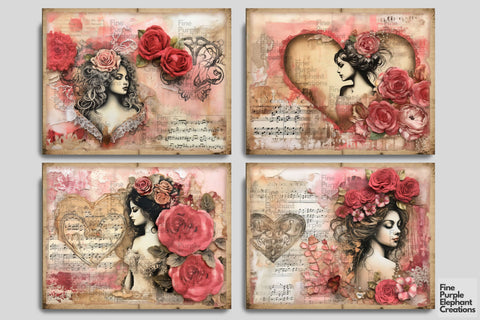 Beautiful Women Digital Junk Journal Double Pages Digital Pattern Fine Purple Elephant Creations 